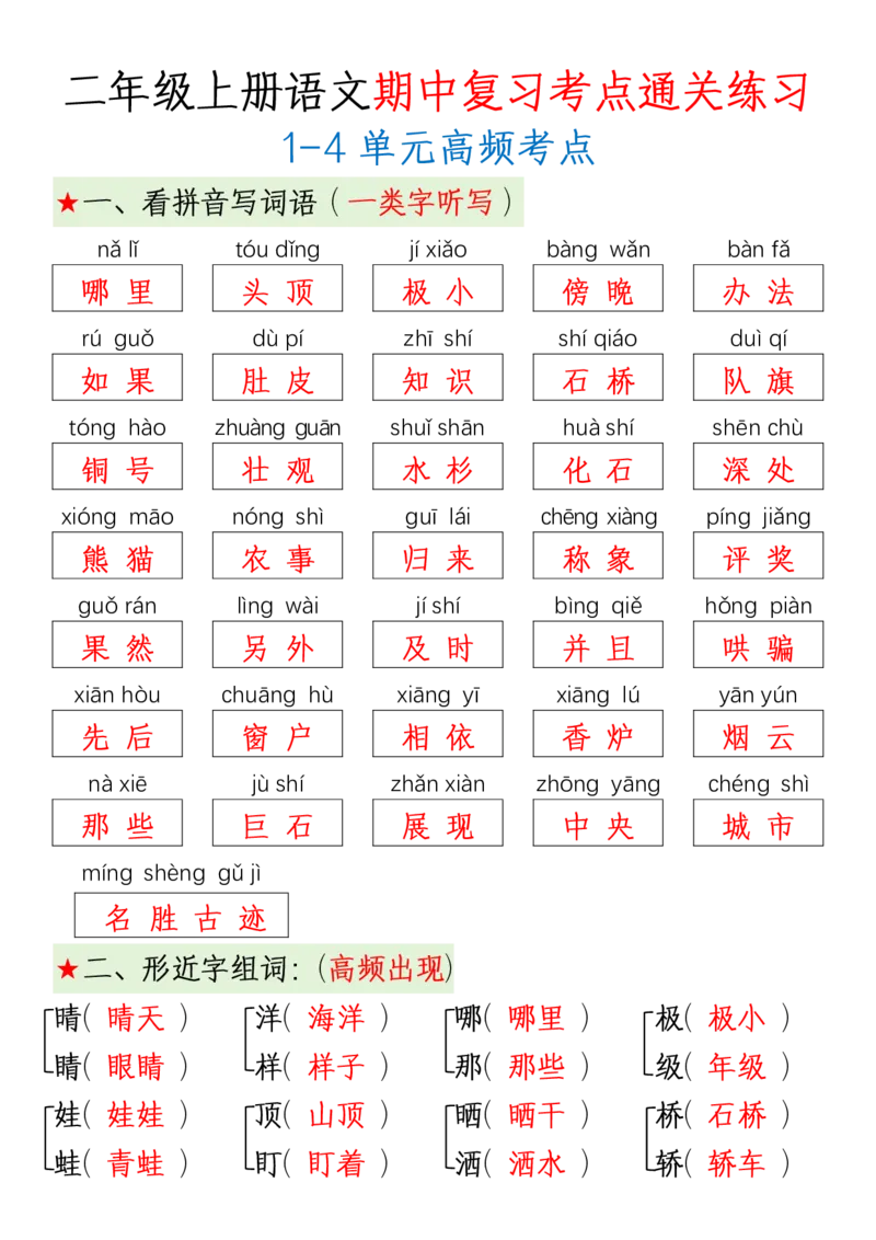 二（上）语文期中复习考点通关练习_小学1-6年级常用的上册资源汇总_二年级上册资料(1)