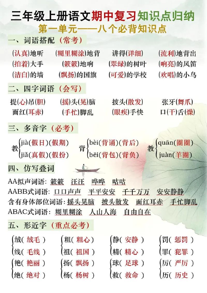 三年级语文上册期中复习知识点归纳_小学1-6年级常用的上册资源汇总_三年级上册资料(1)