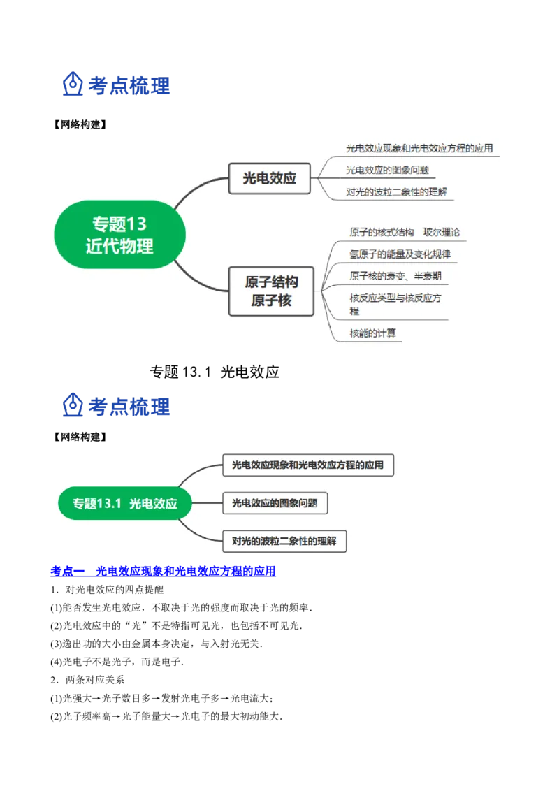 13.1光电效应（讲）--2023年高考物理一轮复习讲练测（全国通用）（原卷版）_04高考物理_通用版（老高考）复习资料_2023年复习资料_一轮复习_2023年高考物理一轮复习讲练测（全国通用）