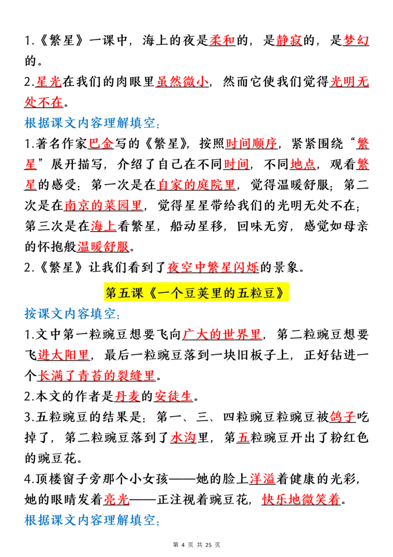 四（上）语文期末：各课课文内容重点知识点(1)_小学1-6年级常用的上册资源汇总_四年级上册资料(1)