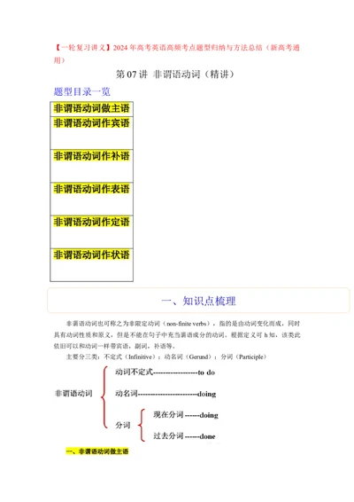 第07讲非谓语动词（精讲）-一轮复习讲义2024年高考英语高频考点题型归纳与方法总结（新高考通用）原卷版_03高考英语_新高考复习资料_2024年新高考资料_一轮复习资料