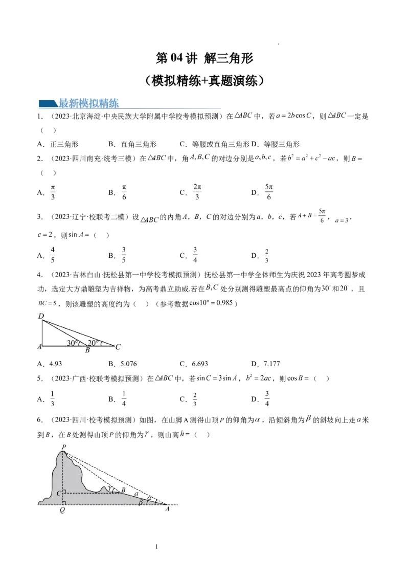 第04讲解三角形（练习）（原卷版）_02高考数学_新高考复习资料_2024年新高考资料_一轮复习资料_完2024年高考数学一轮复习讲练测(课件+讲义+练习)（新高考）