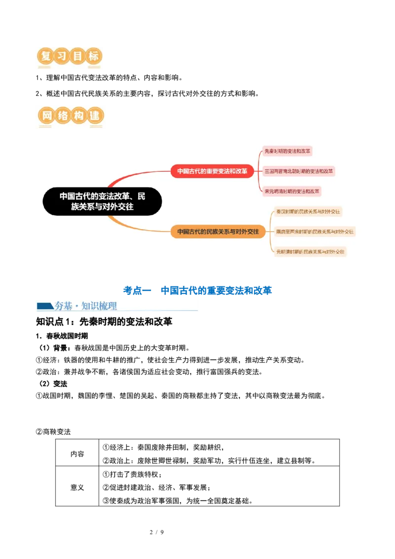第10讲中国古代的变法改革、民族关系与对外交往（原卷版）_07高考历史_新高考复习资料_2024年新高考复习资料_一轮复习资料_讲义+练习_301