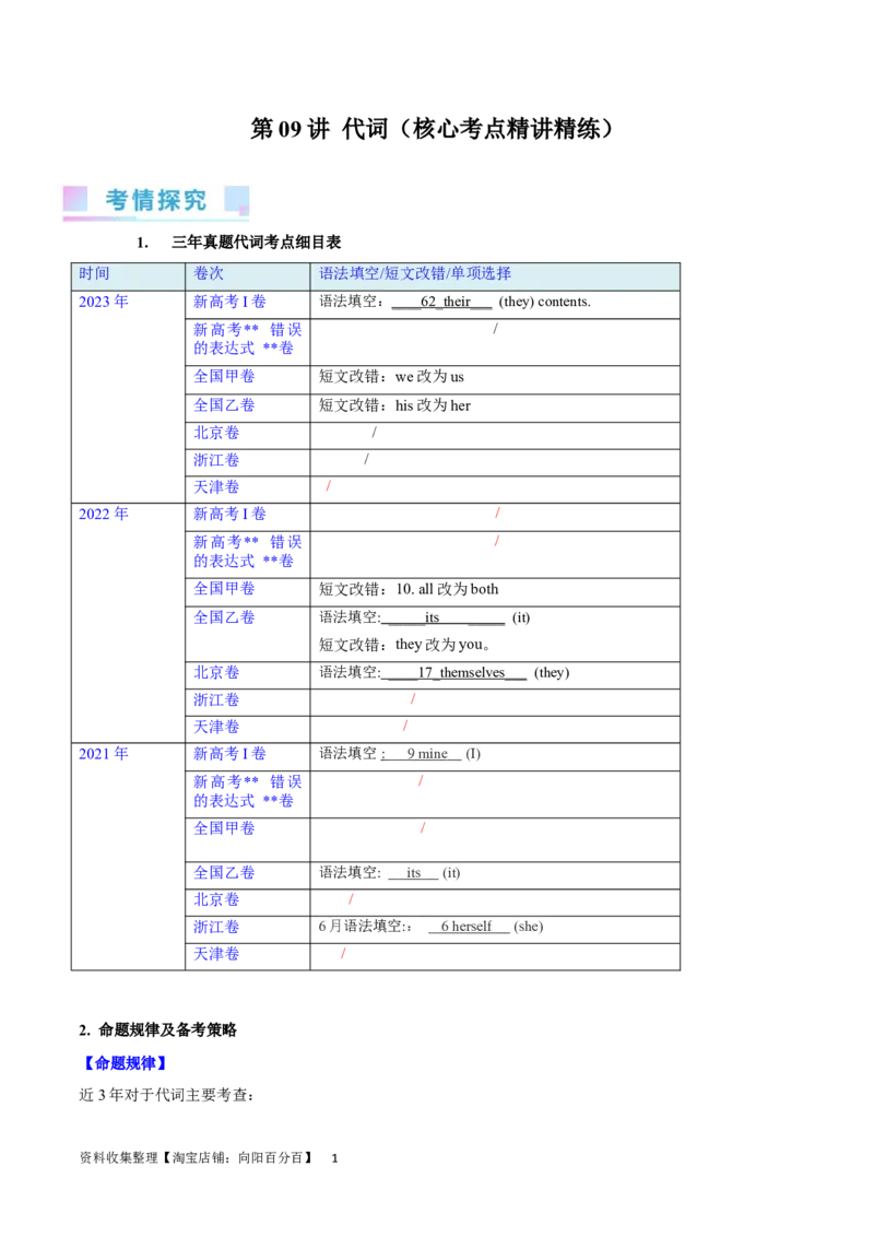 第09讲代词（核心考点精讲精练）(原卷版)-备战2024年高考英语一轮复习考点帮（全国通用）_03高考英语_通用版（老高考）复习资料_2024年复习资料_第二部分语法