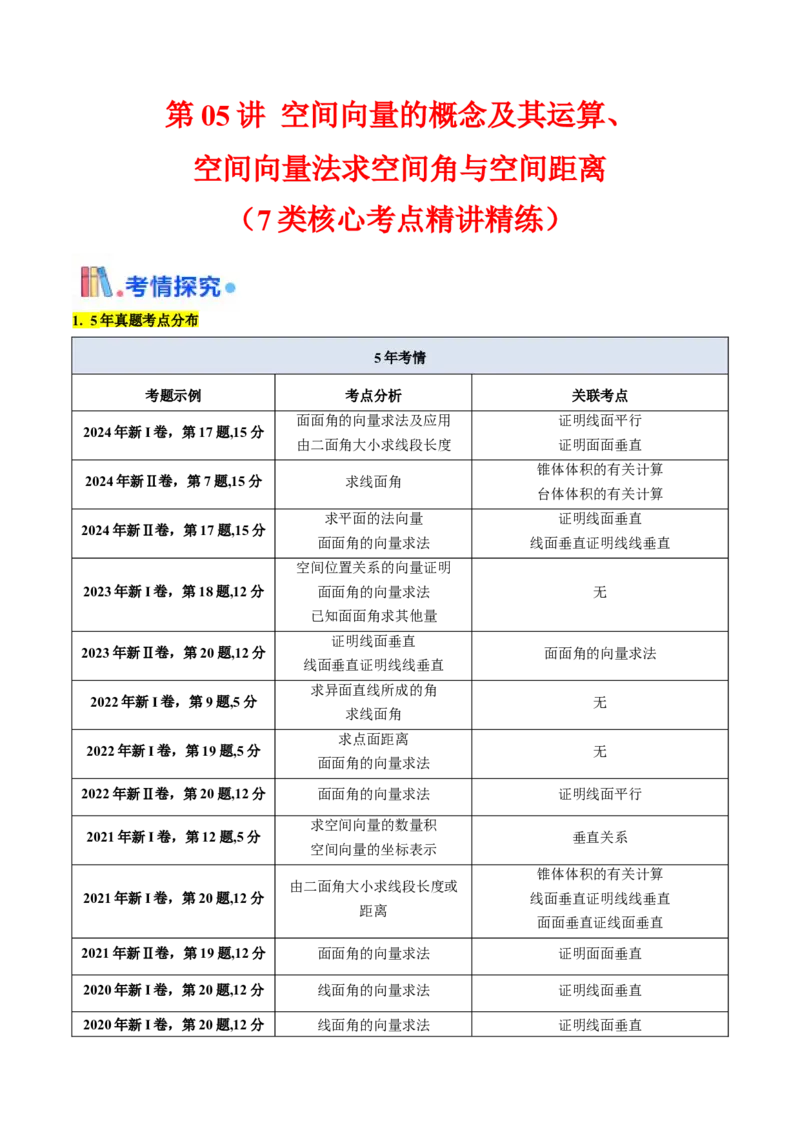 第05讲空间向量的概念及其运算、空间向量法求空间角与空间距离（学生版）_2025年新高考资料_一轮复习_备战2025年高考数学一轮复习考点帮_第二部分专项讲义_第七章空间向量与立体几何