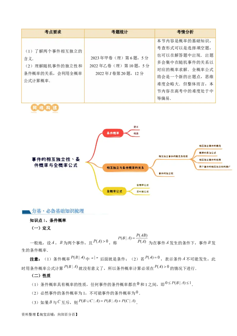 第06讲事件的相互独立性、条件概率与全概率公式（七大题型）（讲义）（解析版）_02高考数学_新高考复习资料_2024年新高考资料_一轮复习资料_解析版（讲义+练习）