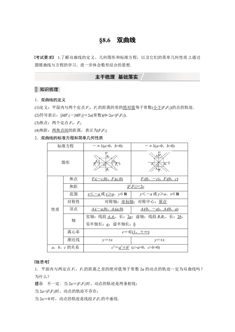2022届高考数学一轮复习(新高考版)第8章&sect;8.6　双曲线_新高考复习资料_2022年新高考资料_2022年一轮复习各版本_1.新高考2022年高考数学一轮复习