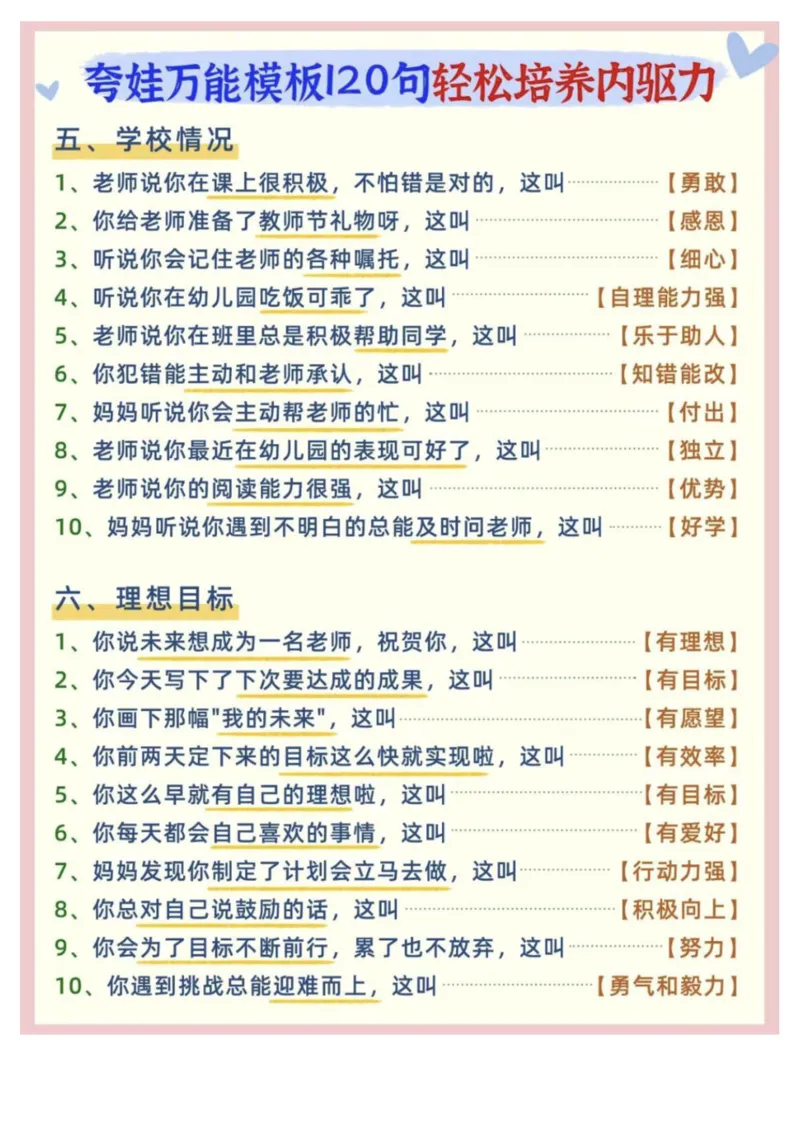 夸娃万能模式120句轻松培养内驱力_小学1-6年级常用的上册资源汇总_一年级上册资料