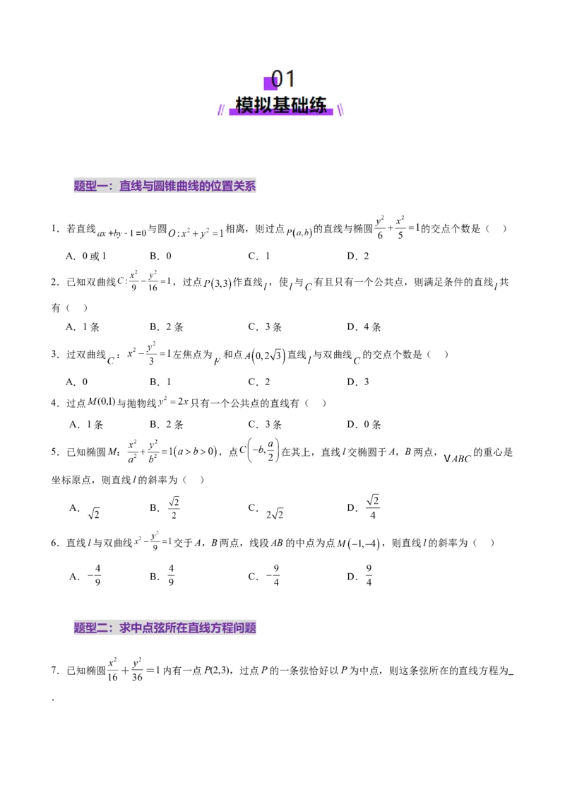 第08讲直线与圆锥曲线的位置关系（八大题型）（练习）（原卷版）_02高考数学_2025年新高考资料_一轮复习_2025年高考数学一轮复习讲练测（新教材新高考，含2024高考真题）