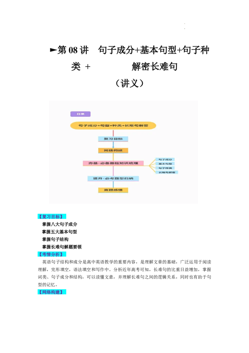 第08讲句子成分+基本句型+句子种类+长难句（讲义）-2024年高考英语一轮复习讲练测（新教材新高考）（原卷版）_03高考英语_新高考复习资料_2024年新高考资料_一轮复习资料_第一部分语法
