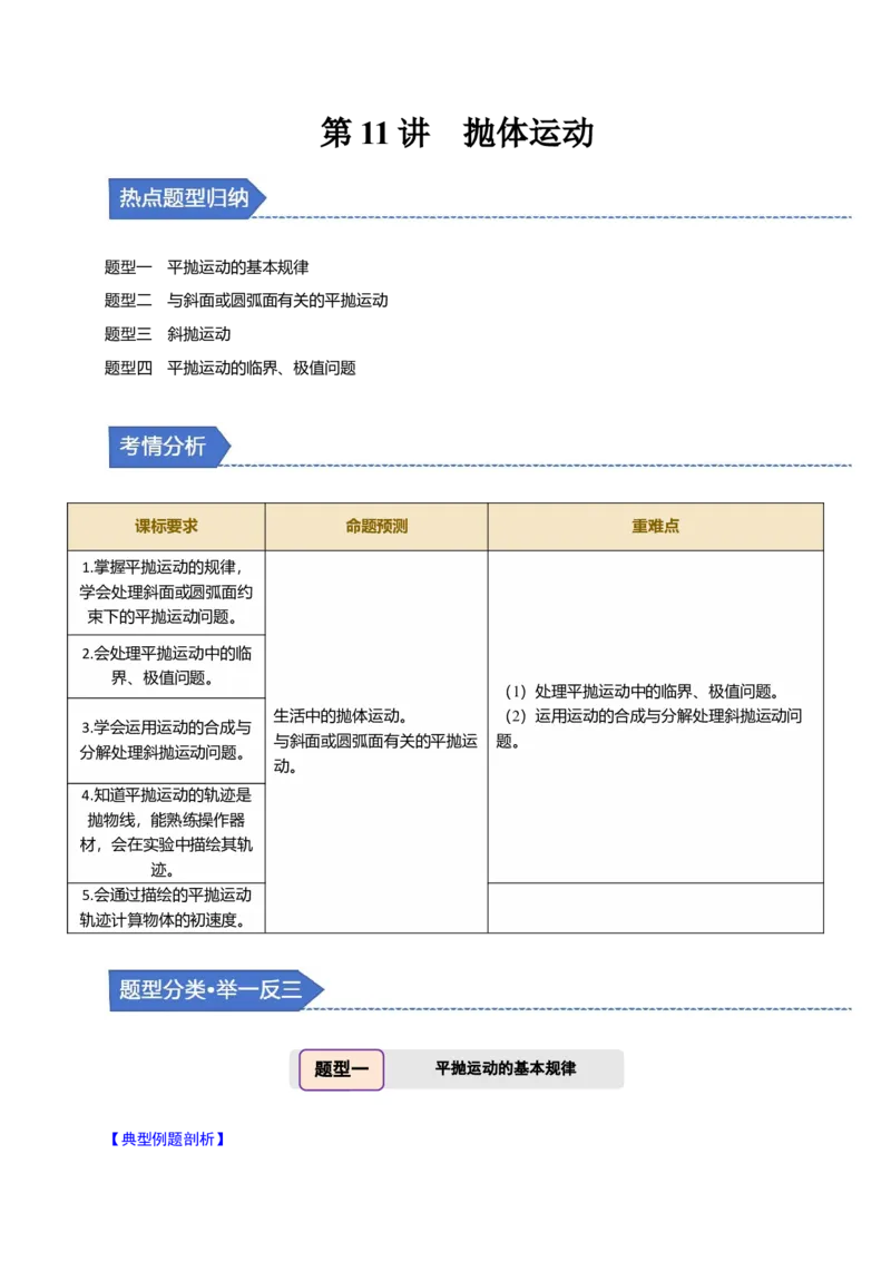 第11讲抛体运动四大题型（举一反三）（原卷版）_03高考英语_2025年新高考资料_二轮复习_01高考语文等多个文件_备战2025年高考物理举一反三系列（新高考通用）