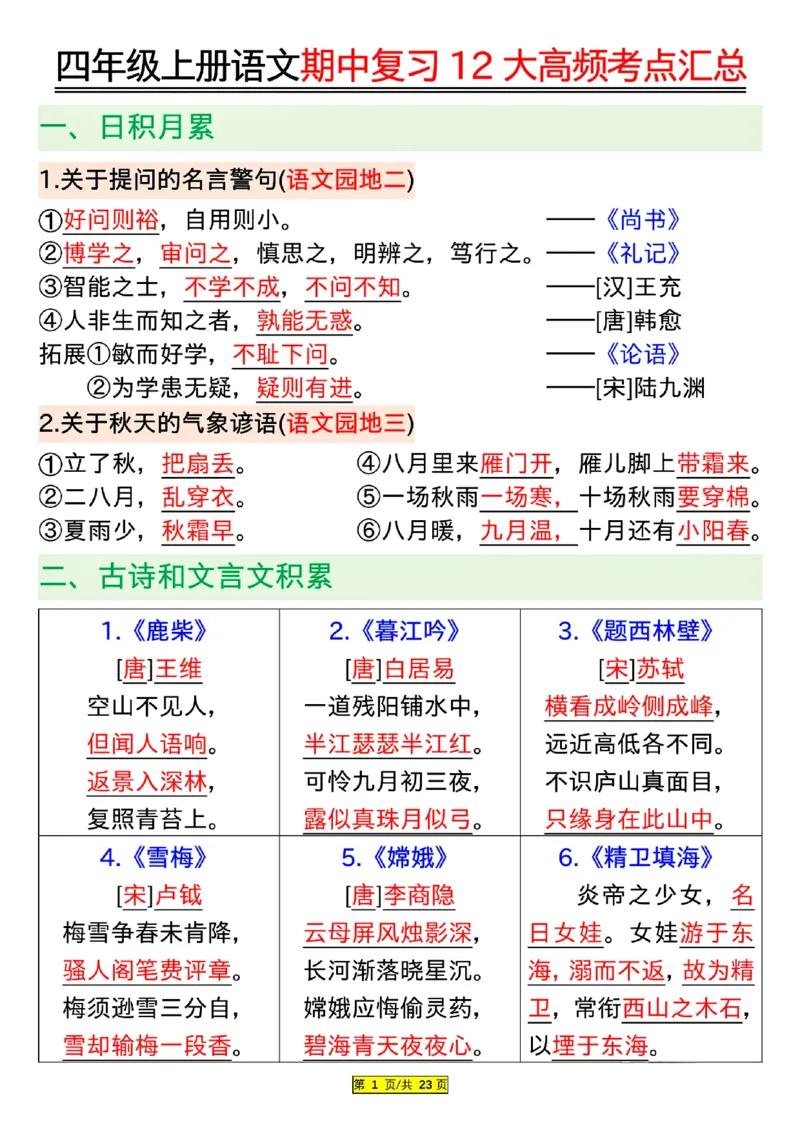 四年级上册语文期中复习12大高频考点汇总_小学1-6年级常用的上册资源汇总_四年级上册资料(1)