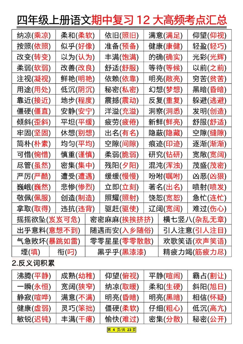 四年级上册语文期中复习12大高频考点汇总_小学1-6年级常用的上册资源汇总_四年级上册资料(1)