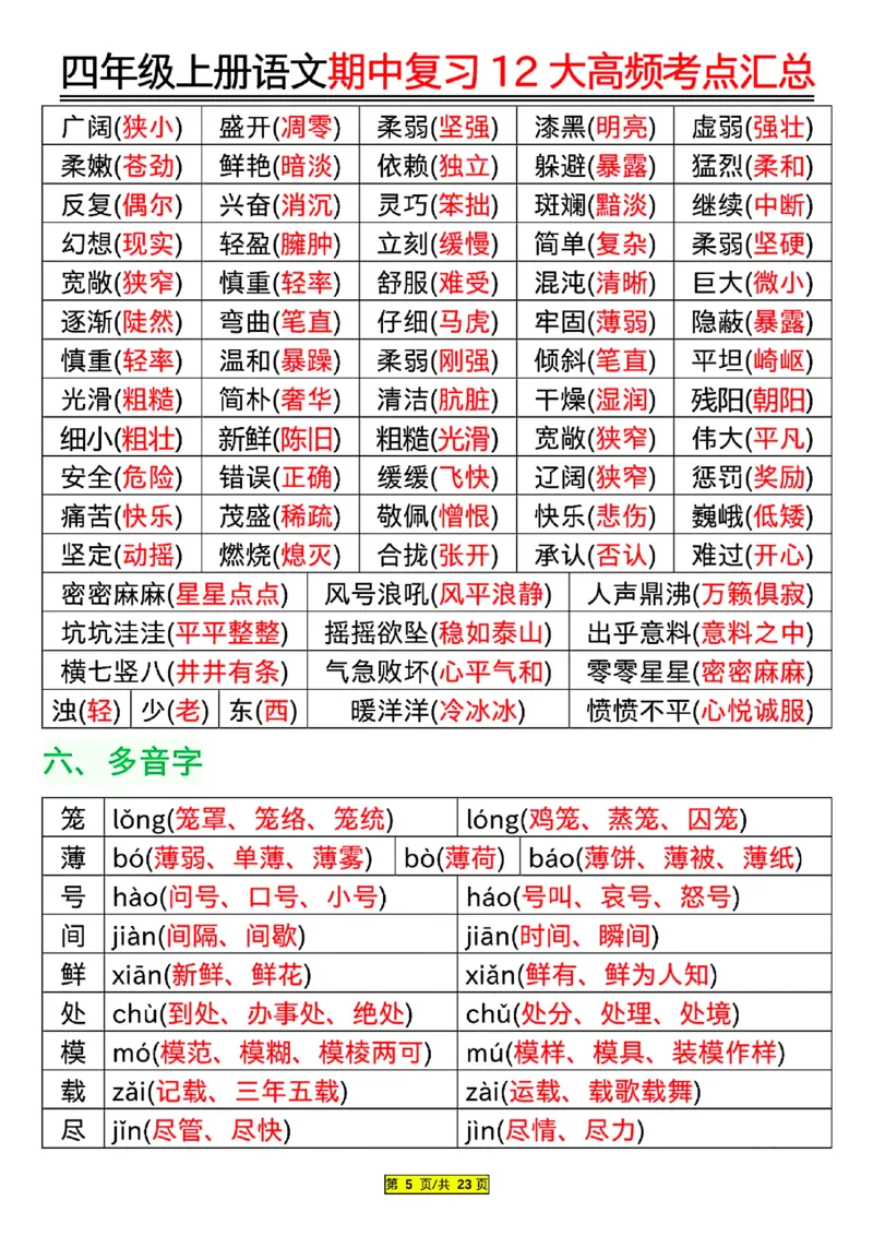 四年级上册语文期中复习12大高频考点汇总_小学1-6年级常用的上册资源汇总_四年级上册资料(1)