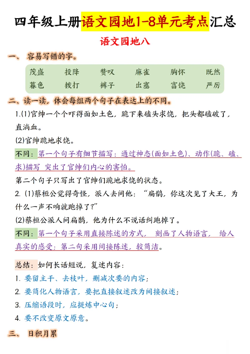 四年级上册语文园地1-8单元考点汇总(1)_小学1-6年级常用的上册资源汇总_四年级上册资料(1)