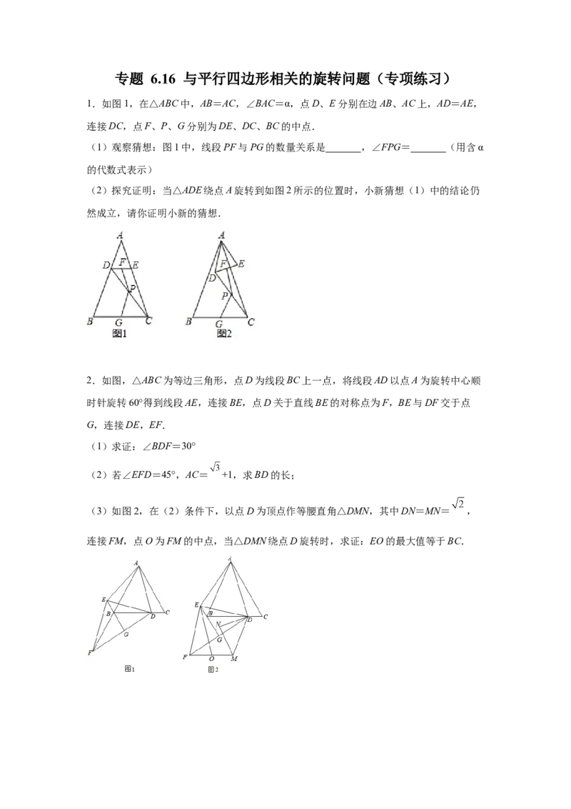 专题6.16与平行四边形相关的旋转问题（专项练习）-八年级数学下册基础知识专项讲练（北师大版）_北师大初中数学_8下-北师大版初中数学_旧版-可参考_05习题试卷_1课时练习