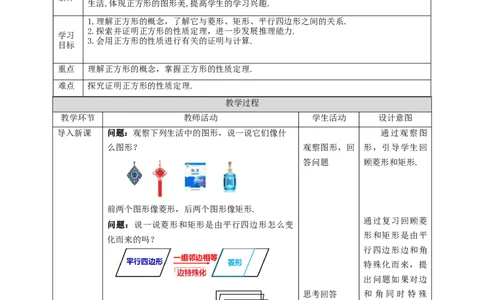 核心素养目标1.3.1正方形的性质教学设计_北师大初中数学_9上-北师大版初中数学_01课件+教案核心素养目标_教案