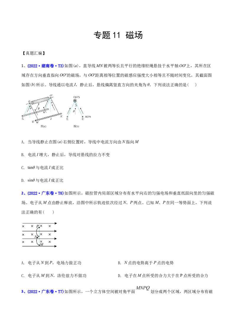 专题11磁场-2022年高考真题和模拟题物理分专题训练（学生版）_04高考物理_2024年新高考资料_1.2024一轮复习_赠2022年高考物理真题与模拟题分类训练