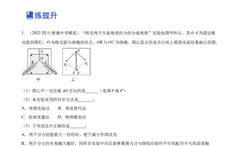 2.5实验三：验证力的平行四边形定则（练）--2023年高考物理一轮复习讲练测（全国通用）（原卷版）_04高考物理_通用版（老高考）复习资料_2023年复习资料_一轮复习