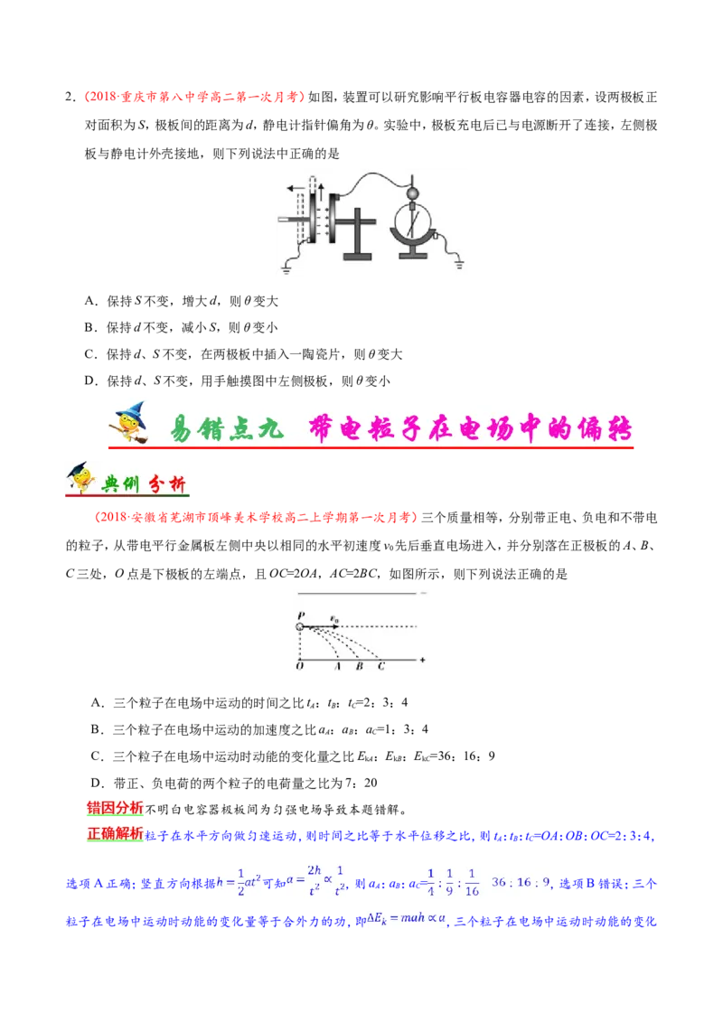 专题08电场-备战2019年高考物理之纠错笔记系列（原卷版）_04高考物理_新高考复习资料_2022年新高考复习资料_高考物理2022年一轮复习各版本_赠19年高考物理纠错笔记_原卷版