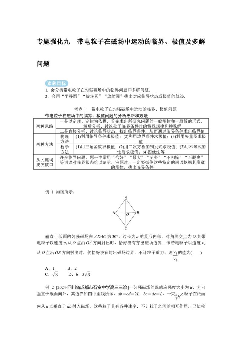 2025年高考物理二轮复习导学案：专题强化九带电粒子在磁场中运动的临界、极值及多解问题_04高考物理_2025年新高考资料_二轮复习_2025年高考物理二轮复习专题强化（课件+导学案）