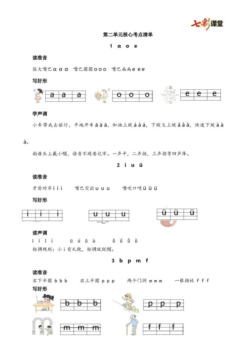 第二单元核心考点清单_25秋1-6年级语文上册课件教案_25秋统编版语文一年级上册_统编版语文一年级上册教学资源包（25秋七彩课堂）_2.第二单元_单元复习_第二单元知识小结