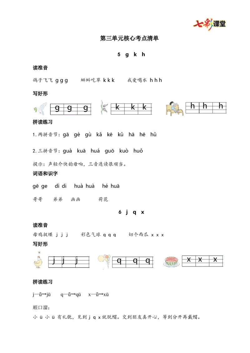 第三单元核心考点清单_25秋1-6年级语文上册课件教案_25秋统编版语文一年级上册_统编版语文一年级上册教学资源包（25秋七彩课堂）_3.第三单元_单元复习_第三单元知识小结