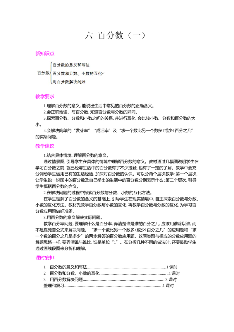 第六单元概述和课时安排_小学1-6年级常用的上册资源汇总_六年级上册资料(1)_七彩课堂人教版数学六年级上册教学资源包_第六单元百分数（一）_单元资料汇总_学案教案_教案