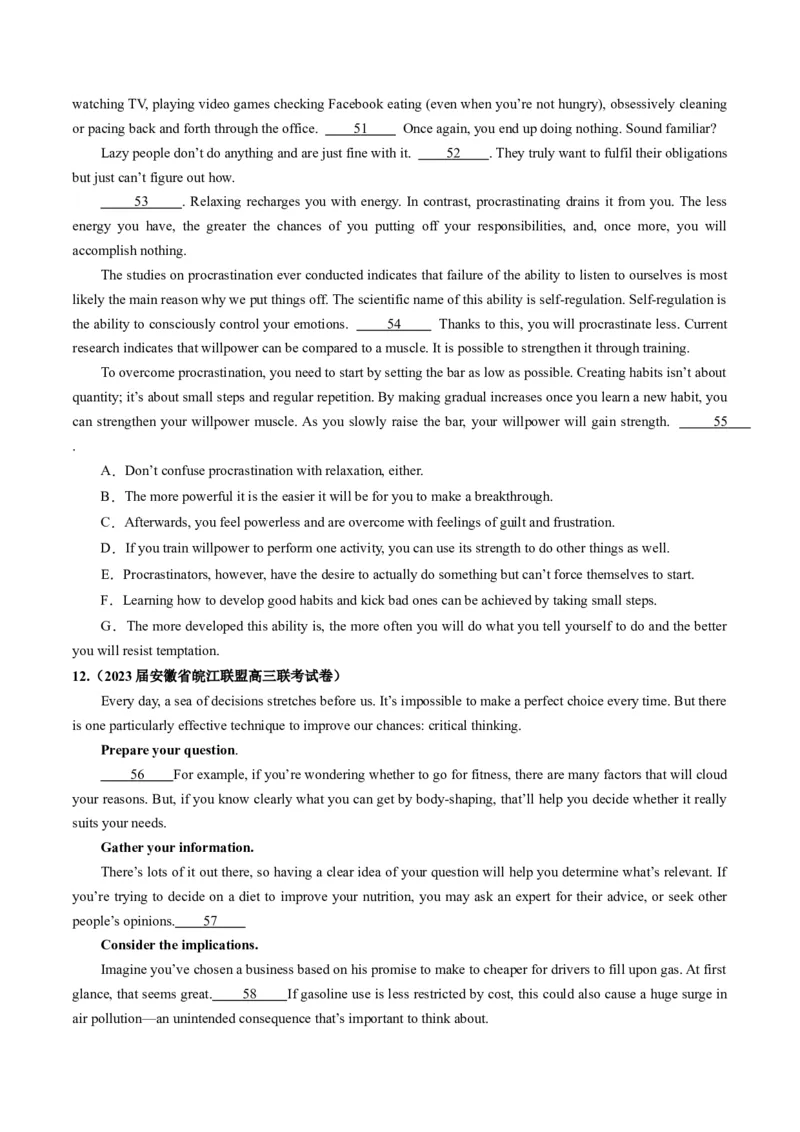 第19讲阅读理解七选五（练）-2024年高考英语一轮复习讲练测（新教材新高考）（原卷版）_03高考英语_新高考复习资料_2024年新高考资料_一轮复习资料_第二部分阅读理解