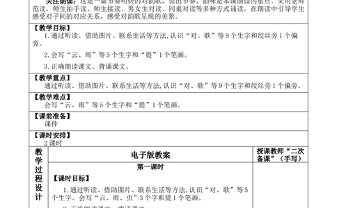 识字5对韵歌优质版教案_25秋1-6年级语文上册课件教案_25秋统编版语文一年级上册_统编版语文一年级上册教学资源包（25秋七彩课堂）_6.第六单元_识字5对韵歌_教案
