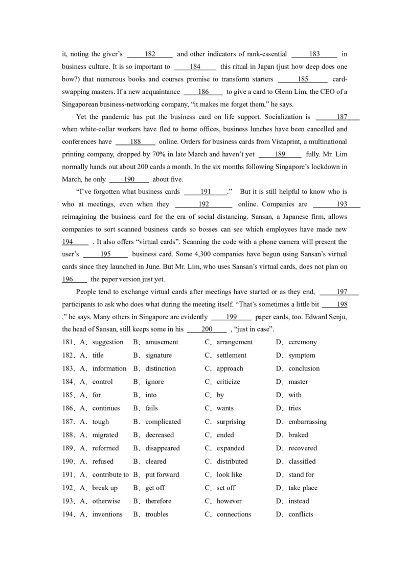 第21讲完形填空说明文（20空）（精讲精炼）-一轮复习讲义2024年高考英语高频考点题型归纳与方法总结（新高考通用）原卷版_03高考英语_新高考复习资料_2024年新高考资料