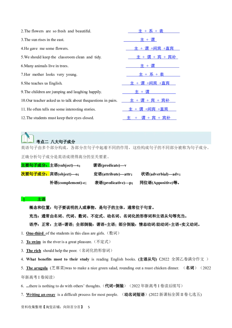 第20讲句子成分和基本句型（核心考点精讲精练）（解析版）-备战2024年高考英语一轮复习考点帮（全国通用）_03高考英语_通用版（老高考）复习资料_2024年复习资料_第二部分语法