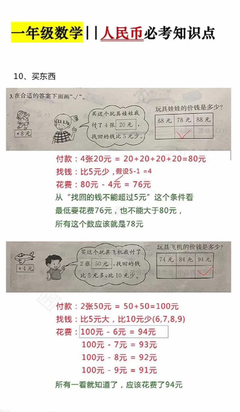 （一下）人民币必考知识点_小学1-6年级常用的上册资源汇总_一年级上册资料