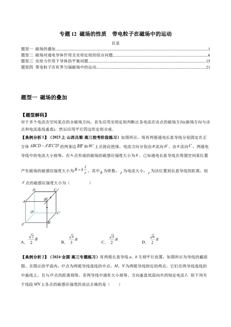 专题12磁场的性质带电粒子在磁场中的运动（原卷版）_04高考物理_新高考复习资料_2024新高考复习资料_二轮复习资料_2024年高考物理二轮热点题型归纳与变式演练（新高考通用）
