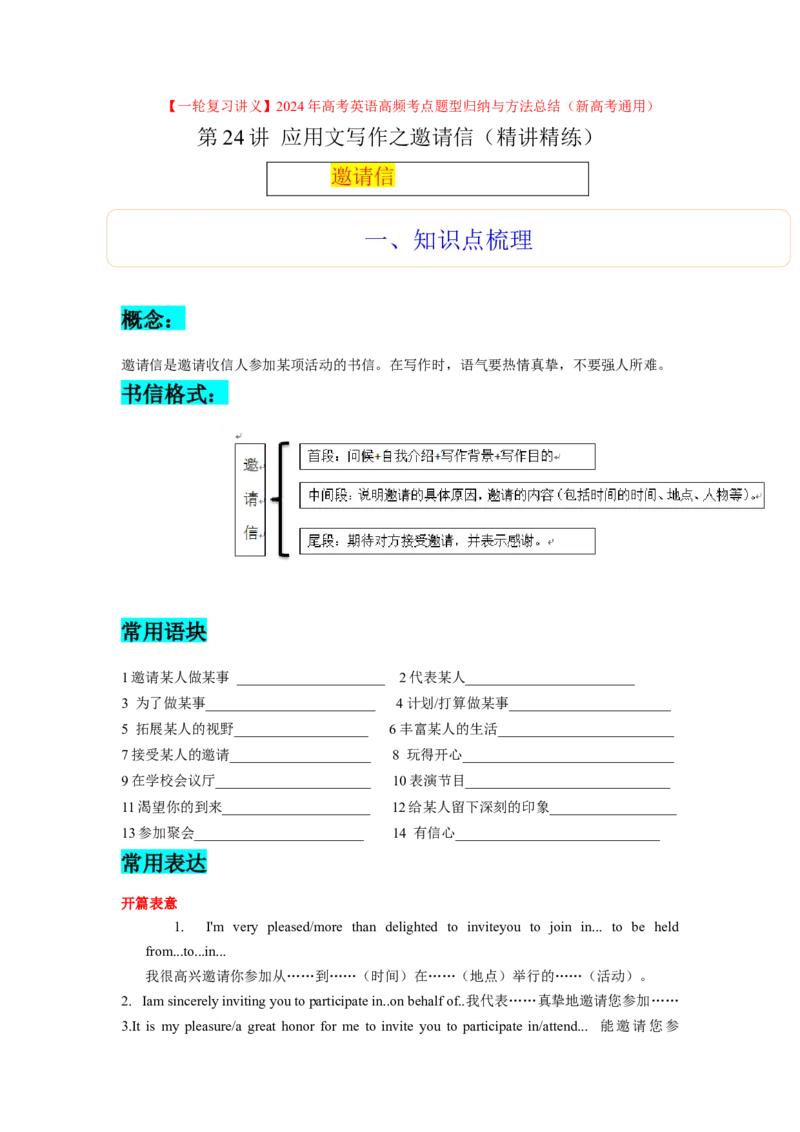 第24讲应用文之邀请信类（精讲精炼）-一轮复习讲义2024年高考英语高频考点题型归纳与方法总结（新高考通用）原卷版_03高考英语_新高考复习资料_2024年新高考资料_一轮复习资料