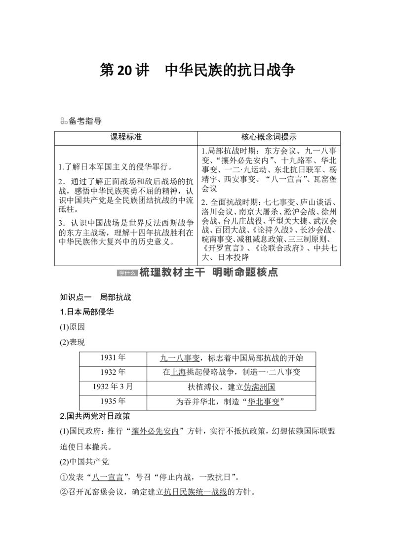 第20讲　中华民族的抗日战争_07高考历史_2024年新高考资料_1.2024一轮复习_2024年高考历史一轮复习讲义（部编版）_赠1套word版补充习题库_word版题库阶段2&mdash;阶段15_第二部分　中国近代史