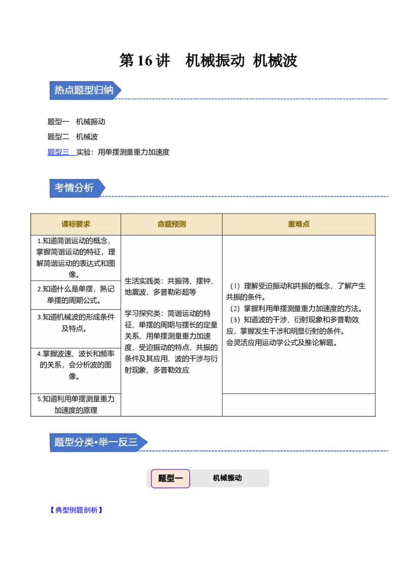 第16讲机械振动机械波三大题型（举一反三）（原卷版）_03高考英语_2025年新高考资料_二轮复习_01高考语文等多个文件_备战2025年高考物理举一反三系列（新高考通用）