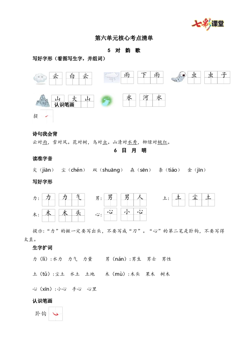 第六单元核心考点清单_25秋1-6年级语文上册课件教案_25秋统编版语文一年级上册_统编版语文一年级上册教学资源包（25秋七彩课堂）_6.第六单元_单元复习_第六单元知识小结