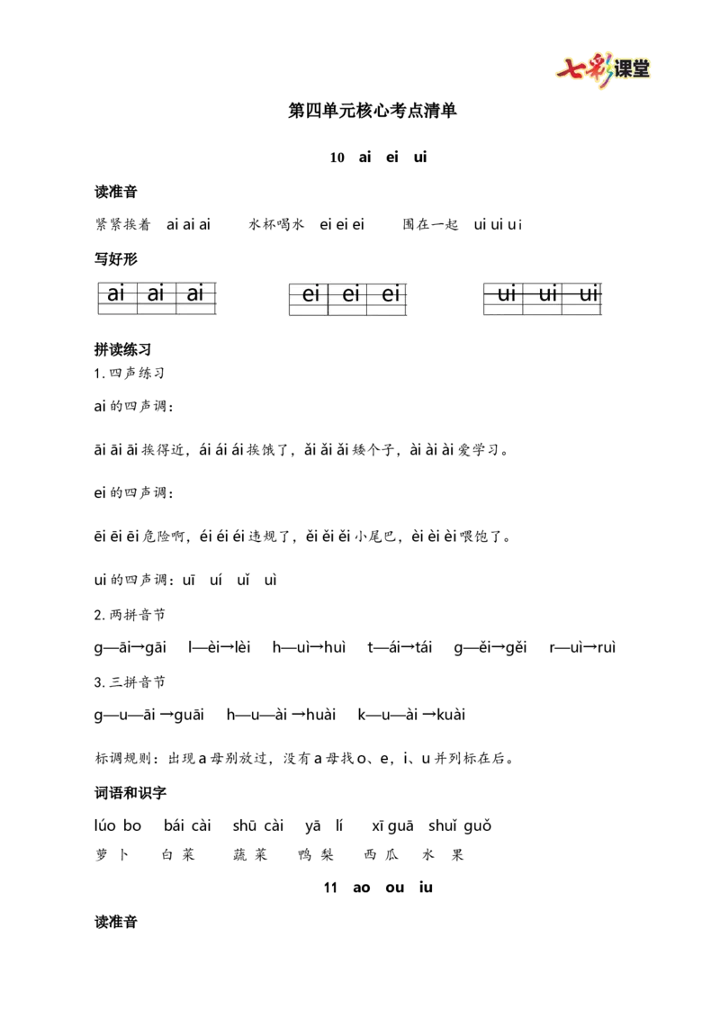 第四单元核心考点清单_25秋1-6年级语文上册课件教案_25秋统编版语文一年级上册_统编版语文一年级上册教学资源包（25秋七彩课堂）_4.第四单元_单元复习_第四单元知识小结