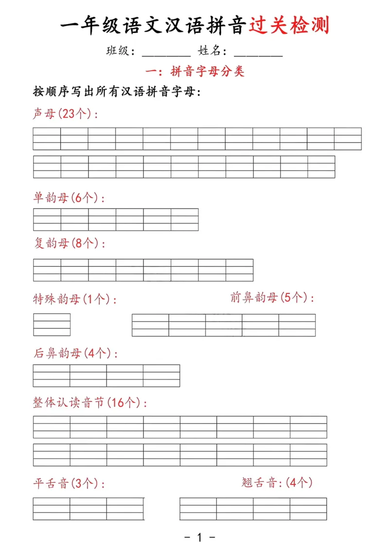 拼音过关检测_小学1-6年级常用的上册资源汇总_一年级上册资料