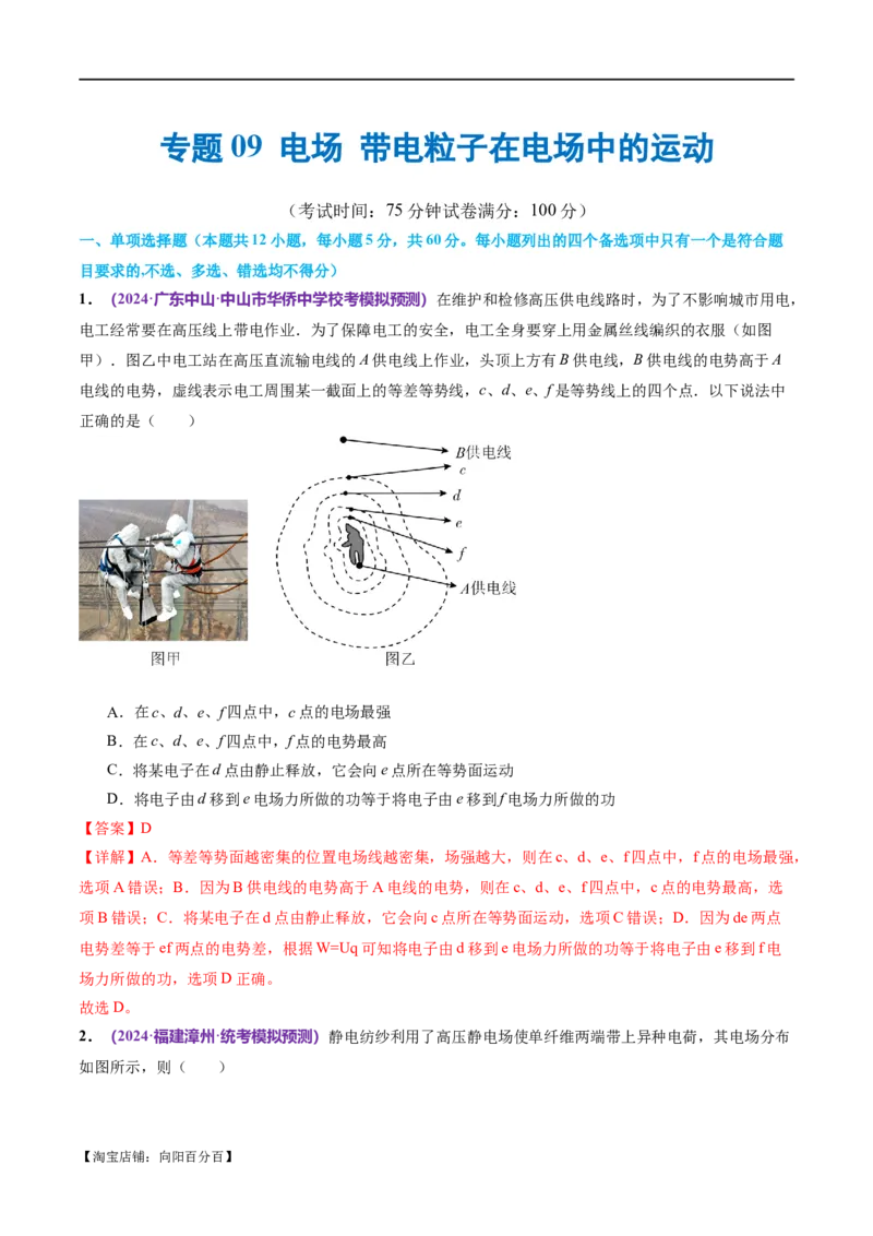 专题09电场带电粒子在电场中的运动（测试）（解析版）_04高考物理_新高考复习资料_2024新高考复习资料_二轮复习资料_2024年高考物理二轮复习讲练测（新教材新高考）