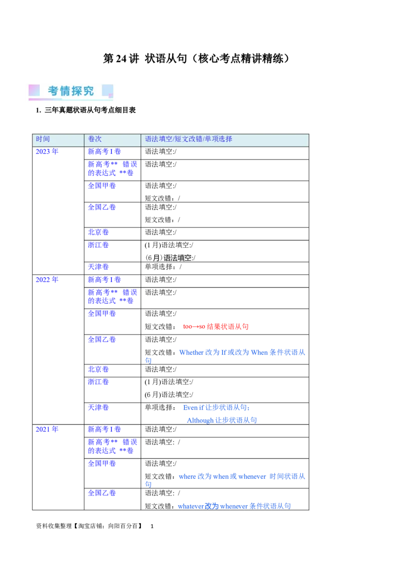 第24讲状语从句（核心考点精讲精练）（原卷版）-备战2024年高考英语一轮复习考点帮（全国通用）_03高考英语_通用版（老高考）复习资料_2024年复习资料_第二部分语法
