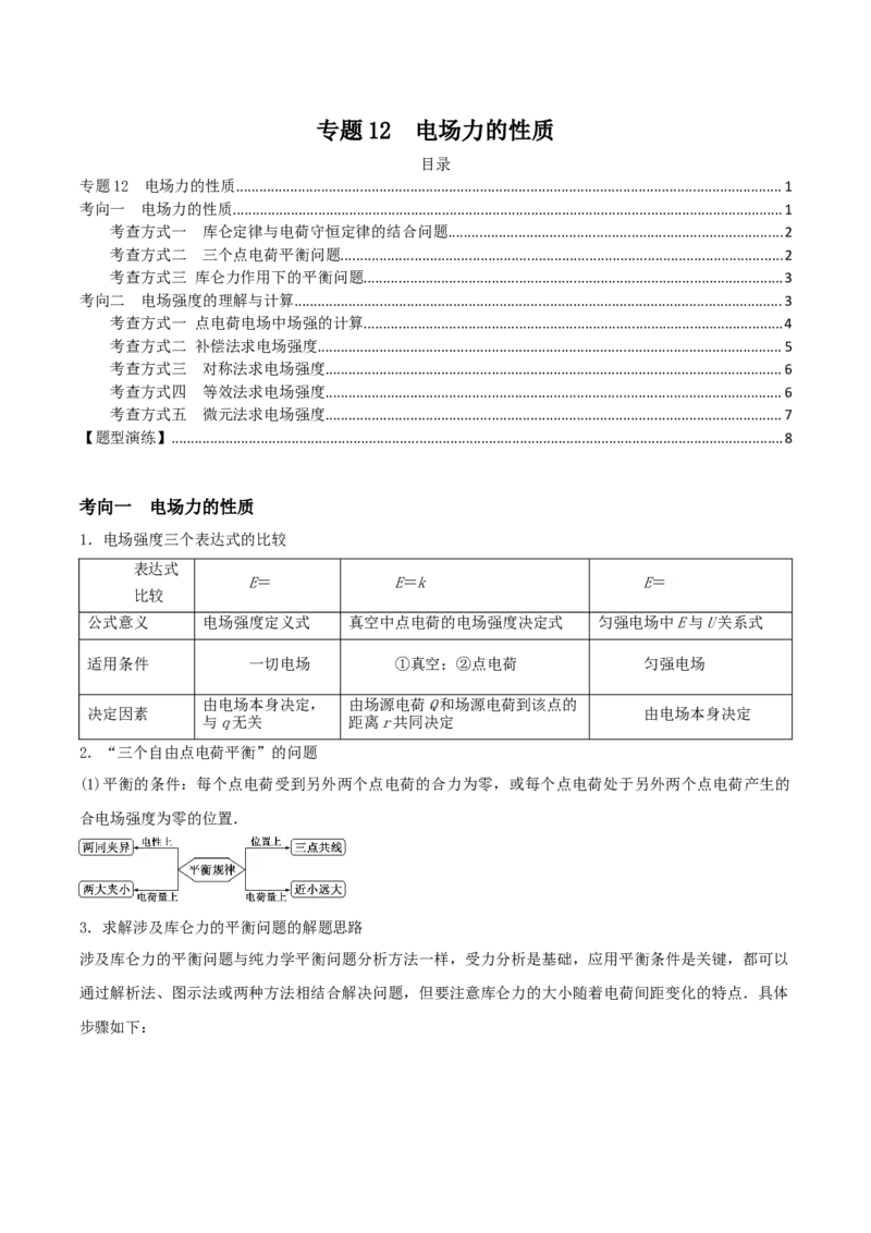 专题12电场力的性质2022-2023高考三轮精讲突破训练（全国通用）（解析版）_04高考物理_通用版（老高考）复习资料_2023年复习资料_三轮复习_2023年高考物理三轮精讲突破训练全国通用