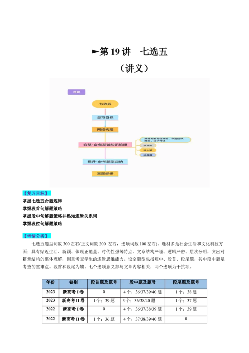 第19讲七选五（讲义）-2024年高考英语一轮复习讲练测（新教材新高考）（原卷版）_03高考英语_新高考复习资料_2024年新高考资料_一轮复习资料_第二部分阅读理解