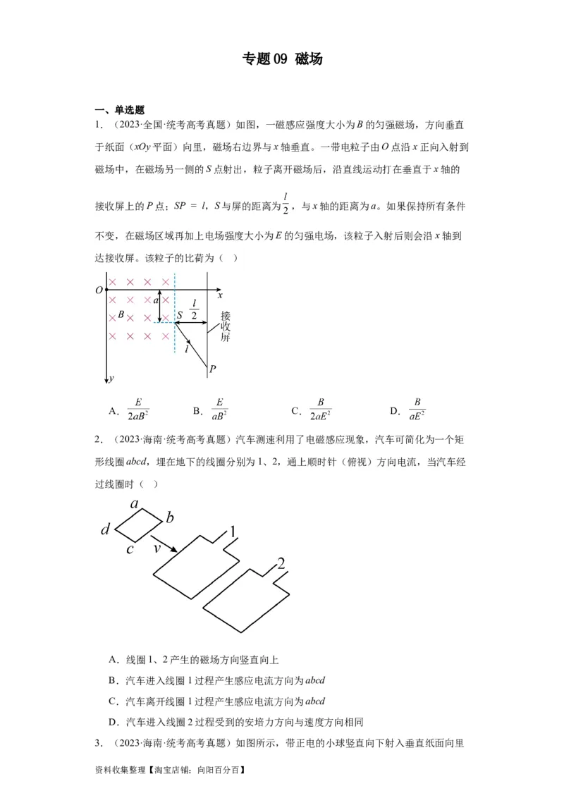 专题09磁场(原卷版)_04高考物理_通用版（老高考）复习资料_2024年复习资料_完五年（2019-2023）高考物理真题分项汇编（全国通用）