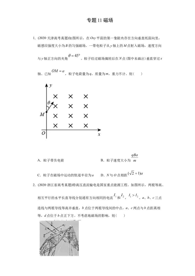 专题11磁场-2020年高考真题和模拟题物理分类训练（学生版）_04高考物理_新高考复习资料_2022年新高考复习资料_高考物理2022年一轮复习各版本_1.2022年高考物理一轮复习全国通用版