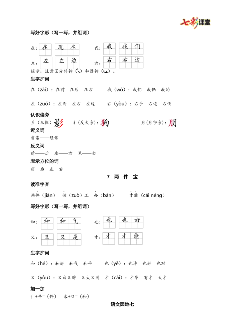 第七单元核心考点清单_25秋1-6年级语文上册课件教案_25秋统编版语文一年级上册_统编版语文一年级上册教学资源包（25秋七彩课堂）_7.第七单元_单元复习_第七单元知识小结