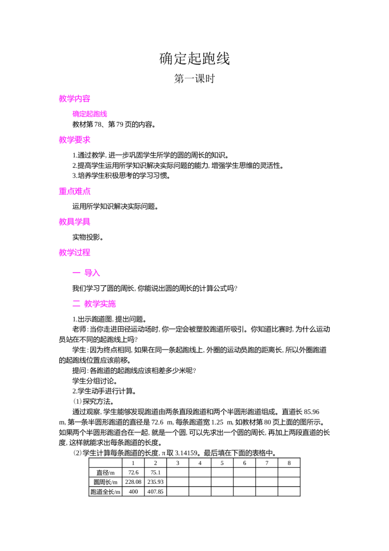 确定起跑线_小学1-6年级常用的上册资源汇总_六年级上册资料(1)_七彩课堂人教版数学六年级上册教学资源包_第五单元圆_单元资料汇总_学案教案_教案