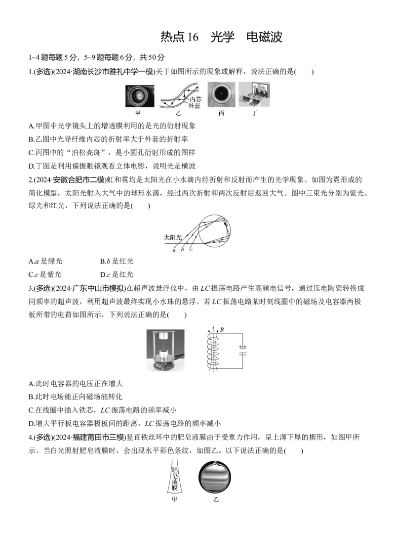 热点16　光学　电磁波淘宝店：红太阳资料库_04高考物理_2025年新高考资料_二轮复习_2025年高考物理大二轮_2025物理二轮专题复习学生用书Word版文档_二轮专题强化练+考前特训