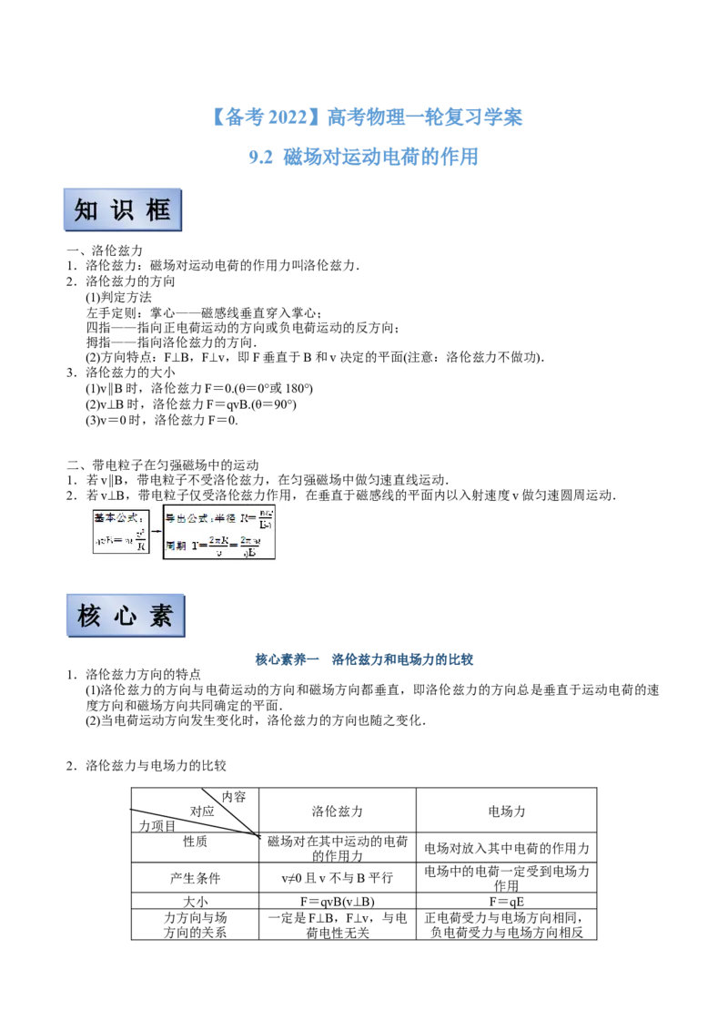 备考2022高考物理一轮复习学案9.2磁场对运动电荷的作用有解析_04高考物理_新高考复习资料_2022年新高考复习资料_备考2022新教材高考物理一轮复习精讲精练学案（含解析）